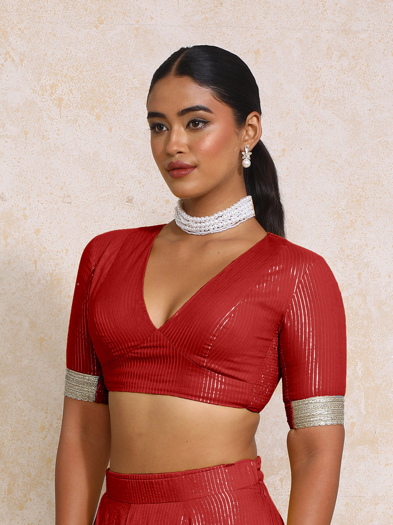 Aaritra x Tyohaar | Elbow Sleeves Red Silver Stripe Cotton Saree Blouse-Binks