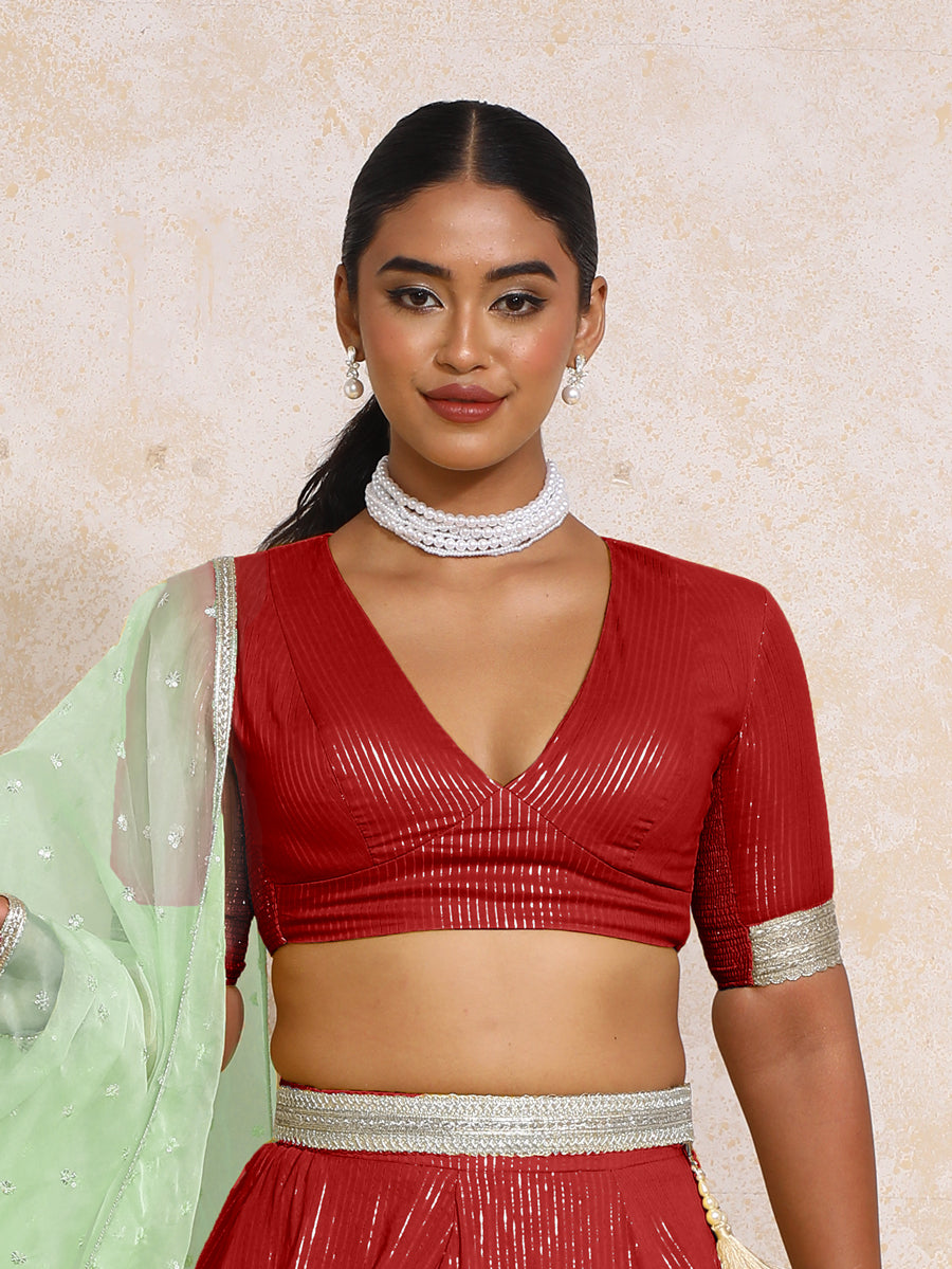Aaritra x Tyohaar Saree Blouse, in Red 100% Cotton & Lurex, featuring elbow sleeves and v-neckline, made for party & festive.