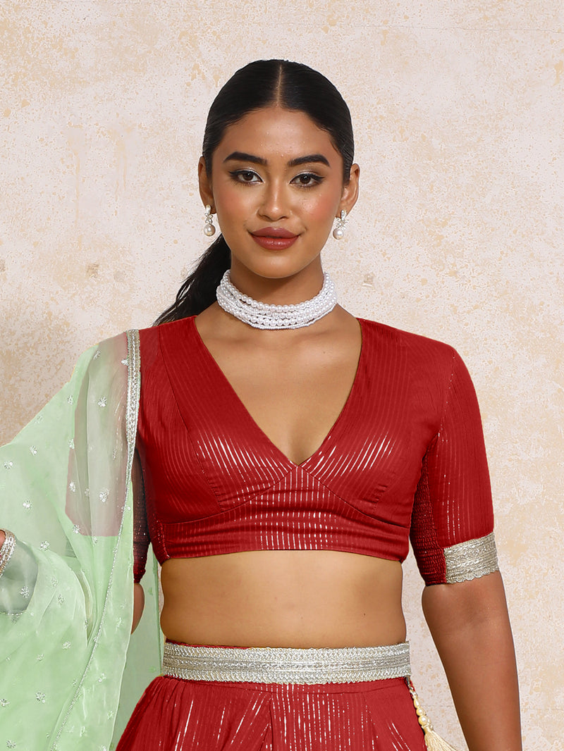 Aaritra x Tyohaar | Elbow Sleeves Red Silver Stripe Cotton Saree Blouse-Binks