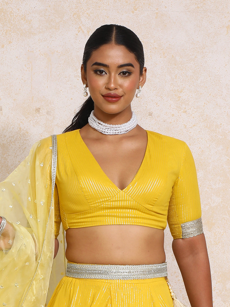 Aaritra x Tyohaar | Elbow Sleeves Turmeric Yellow Silver Stripe Cotton Saree Blouse-Binks