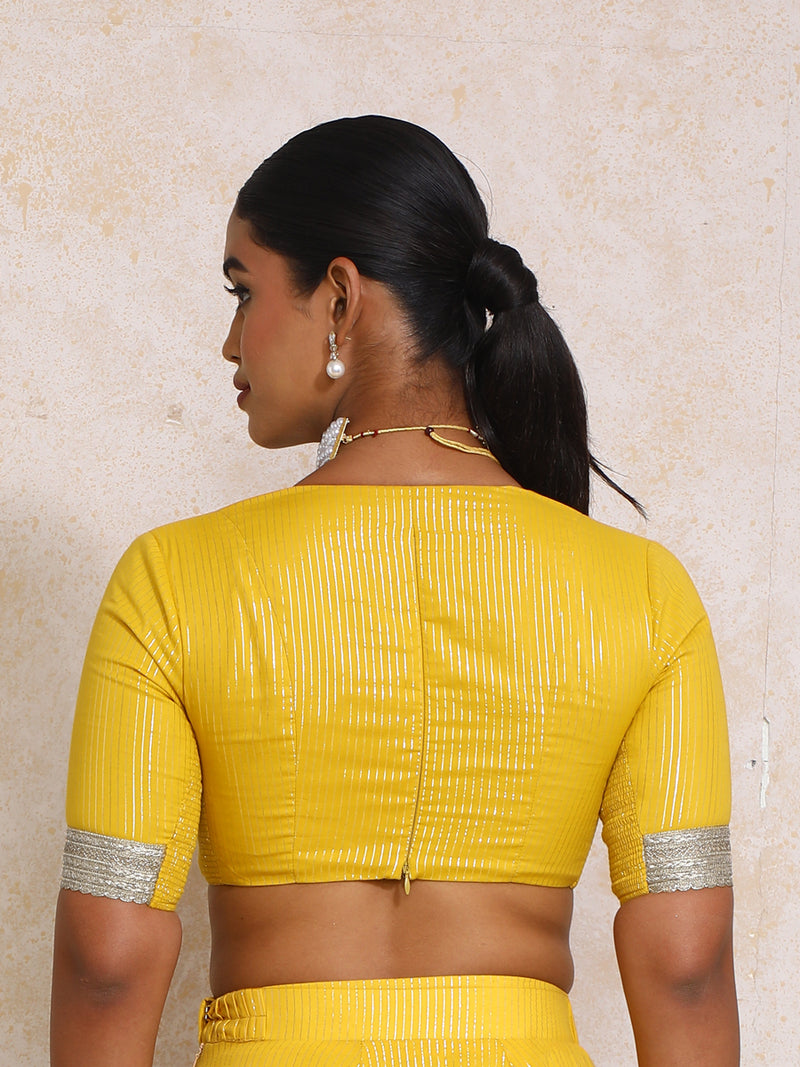 Aaritra x Tyohaar | Elbow Sleeves Turmeric Yellow Silver Stripe Cotton Saree Blouse-Binks