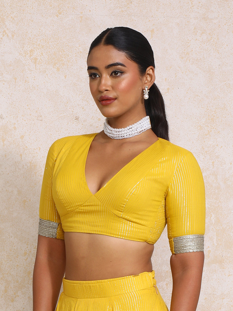 Aaritra x Tyohaar | Elbow Sleeves Turmeric Yellow Silver Stripe Cotton Saree Blouse-Binks
