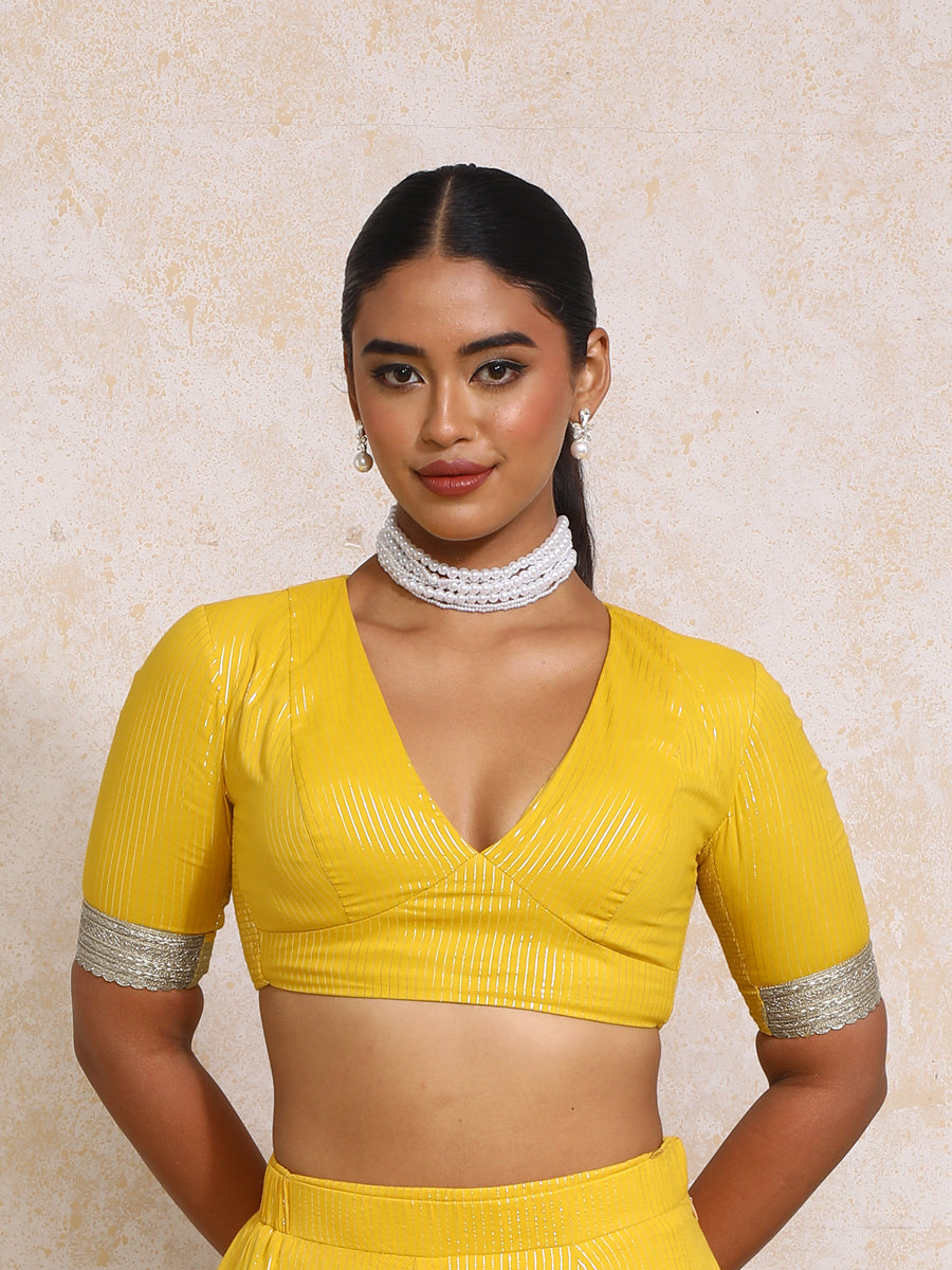 Aaritra x Tyohaar Saree Blouse, in Yellow 100% Cotton & Lurex, featuring elbow sleeves and v-neckline (view 6).