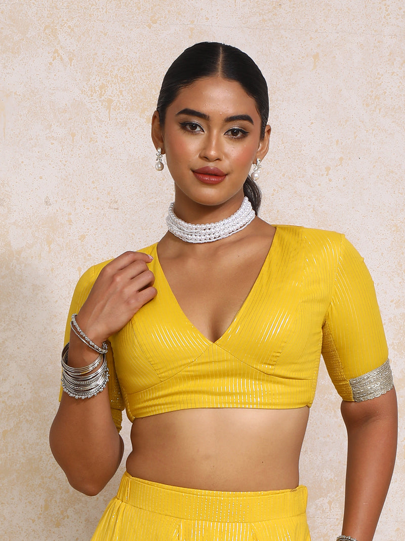 Aaritra x Tyohaar | Elbow Sleeves Turmeric Yellow Silver Stripe Cotton Saree Blouse-Binks