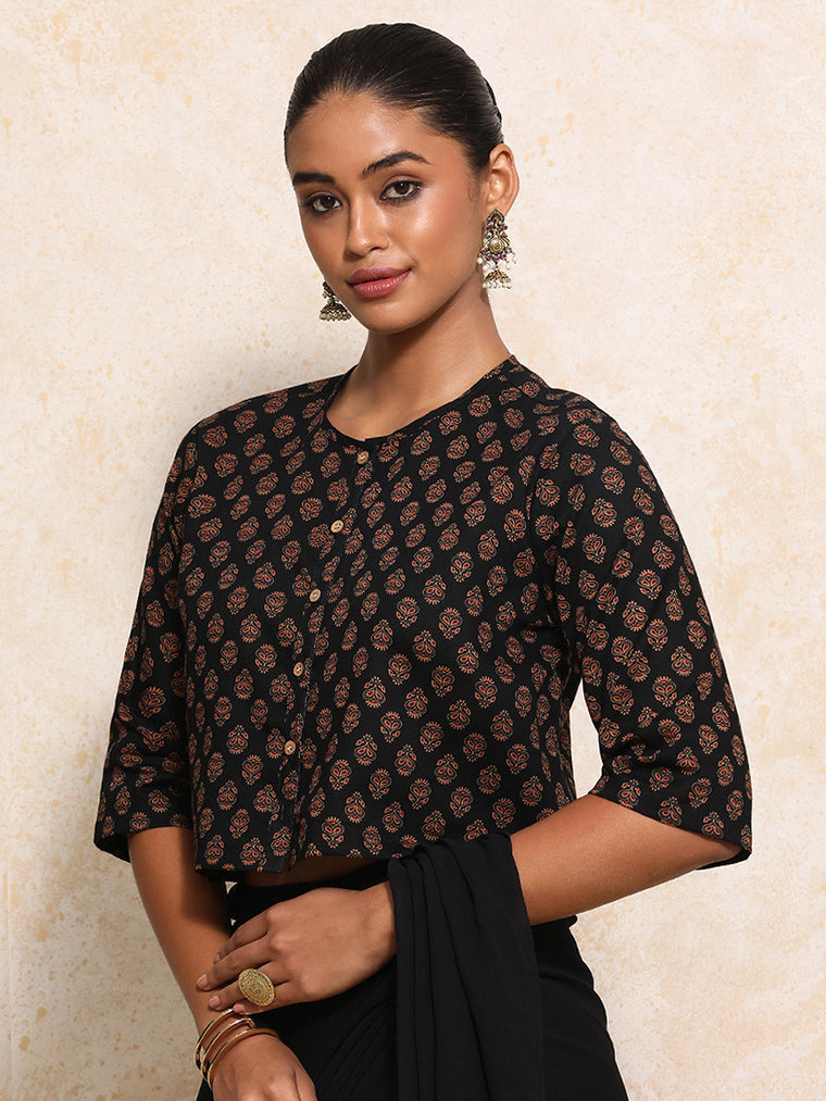 Aarohi x Rozaana Saree Blouse, in Black 100% Cotton - Block Printed, featuring elbow sleeves and jewel neckline.