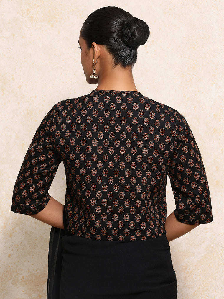 Aarohi x Rozaana Saree Blouse, in Black 100% Cotton - Block Printed, featuring elbow sleeves and jewel neckline (view 2).