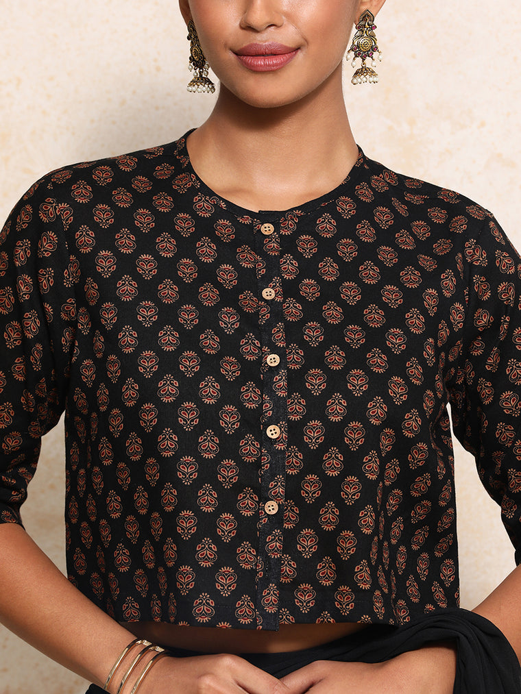 Aarohi x Rozaana Saree Blouse, in Black 100% Cotton - Block Printed, featuring elbow sleeves and jewel neckline (view 3).