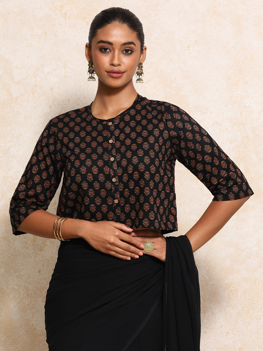 Aarohi x Rozaana Saree Blouse, in Black 100% Cotton - Block Printed, featuring elbow sleeves and jewel neckline (view 6).