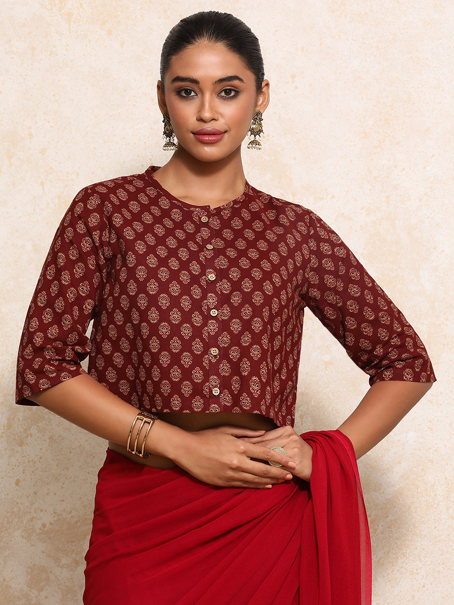 Aarohi x Rozaana Saree Blouse, in Red 100% Cotton - Block Printed, featuring elbow sleeves and jewel neckline.