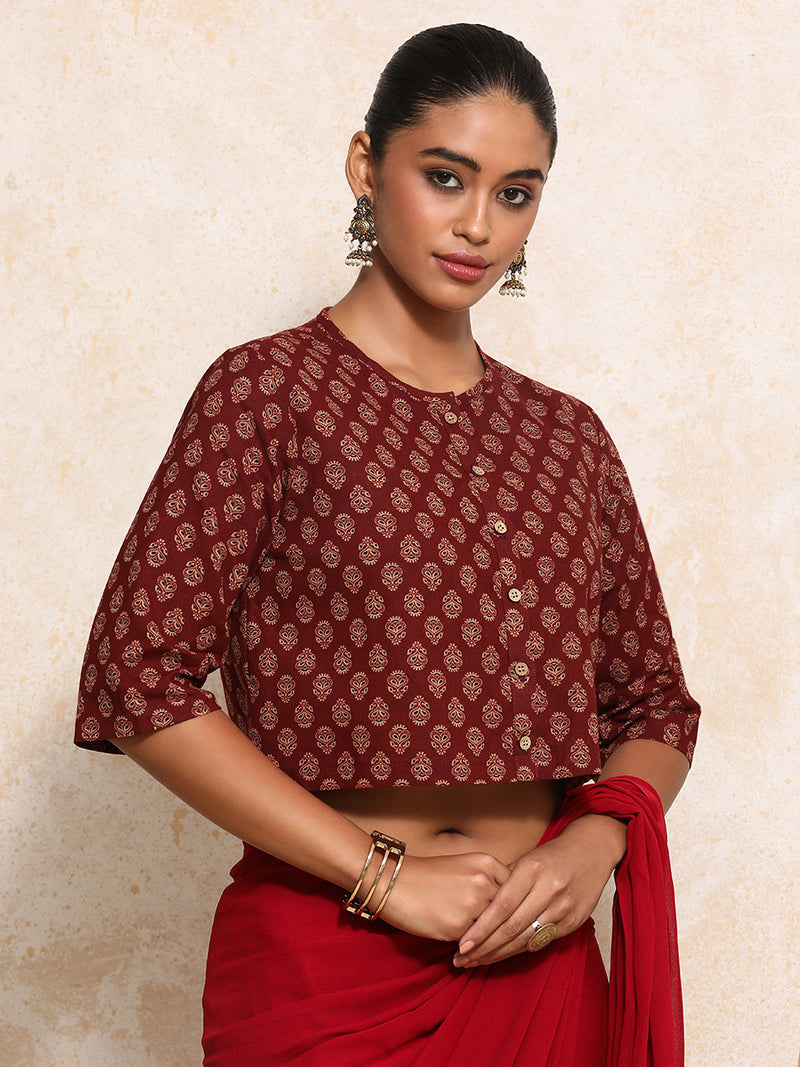 Aarohi x Rozaana | Elbow Sleeves Saree Blouse in Red Peacock Block Print Cotton-Binks
