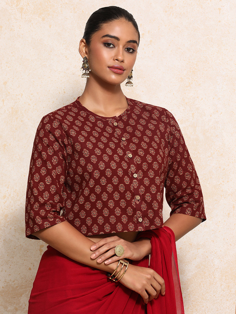 Aarohi x Rozaana | Elbow Sleeves Saree Blouse in Red Peacock Block Print Cotton-Binks