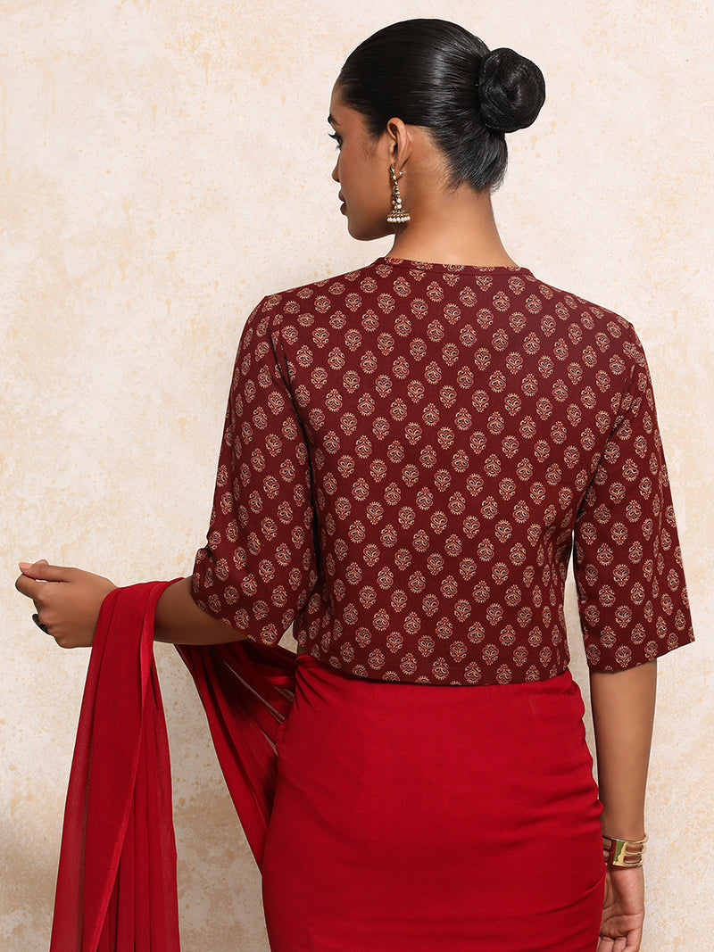 Aarohi x Rozaana | Elbow Sleeves Saree Blouse in Red Peacock Block Print Cotton-Binks