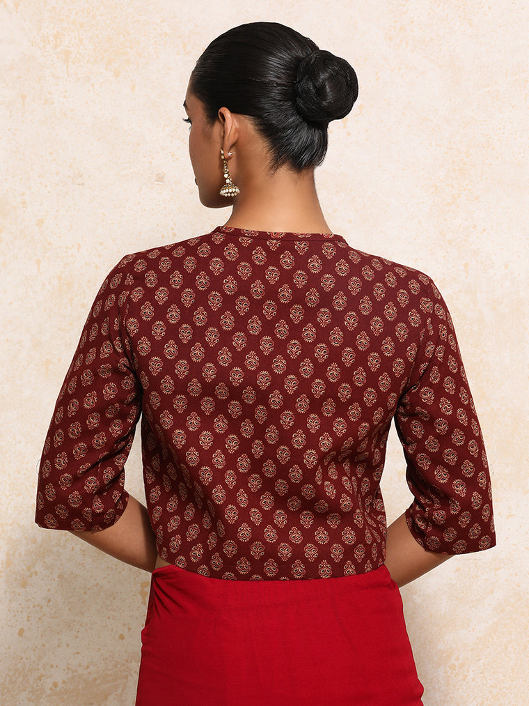 Aarohi x Rozaana Saree Blouse, in Red 100% Cotton - Block Printed, featuring elbow sleeves and jewel neckline (view 2).