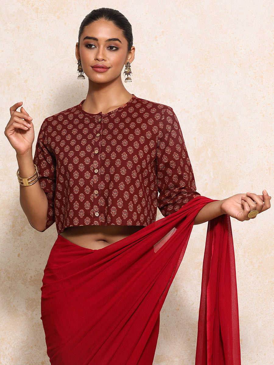 Aarohi x Rozaana Saree Blouse, in Red 100% Cotton - Block Printed, featuring elbow sleeves and jewel neckline (view 5).