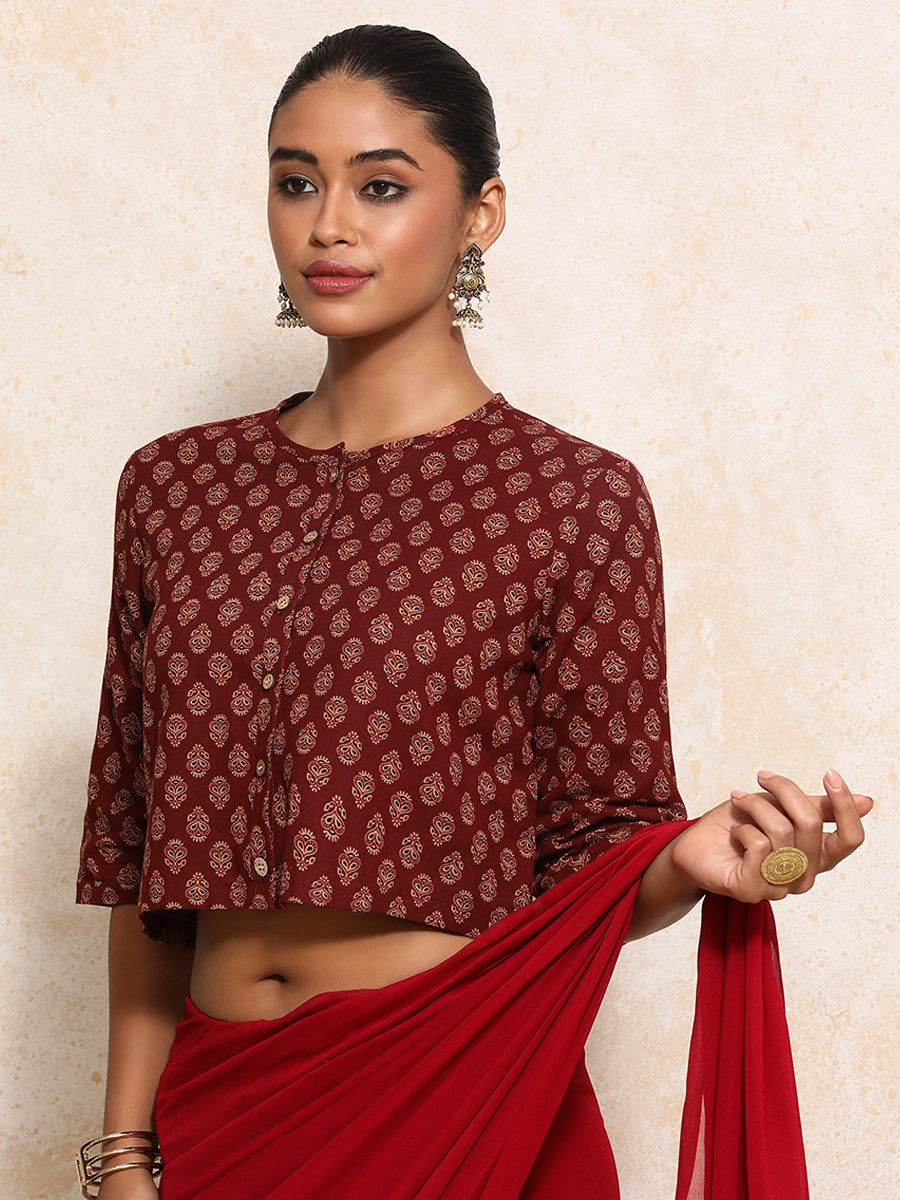 Aarohi x Rozaana Saree Blouse, in Red 100% Cotton - Block Printed, featuring elbow sleeves and jewel neckline (view 8).