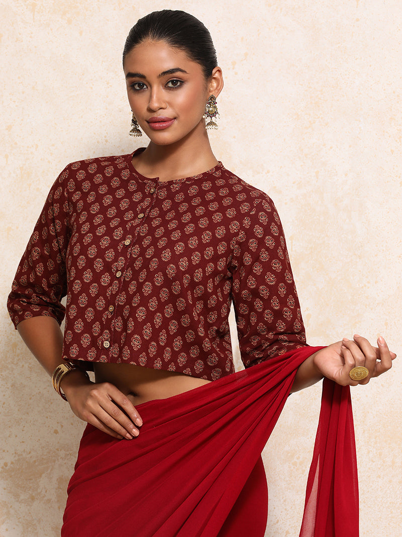 Aarohi x Rozaana | Elbow Sleeves Saree Blouse in Red Peacock Block Print Cotton-Binks
