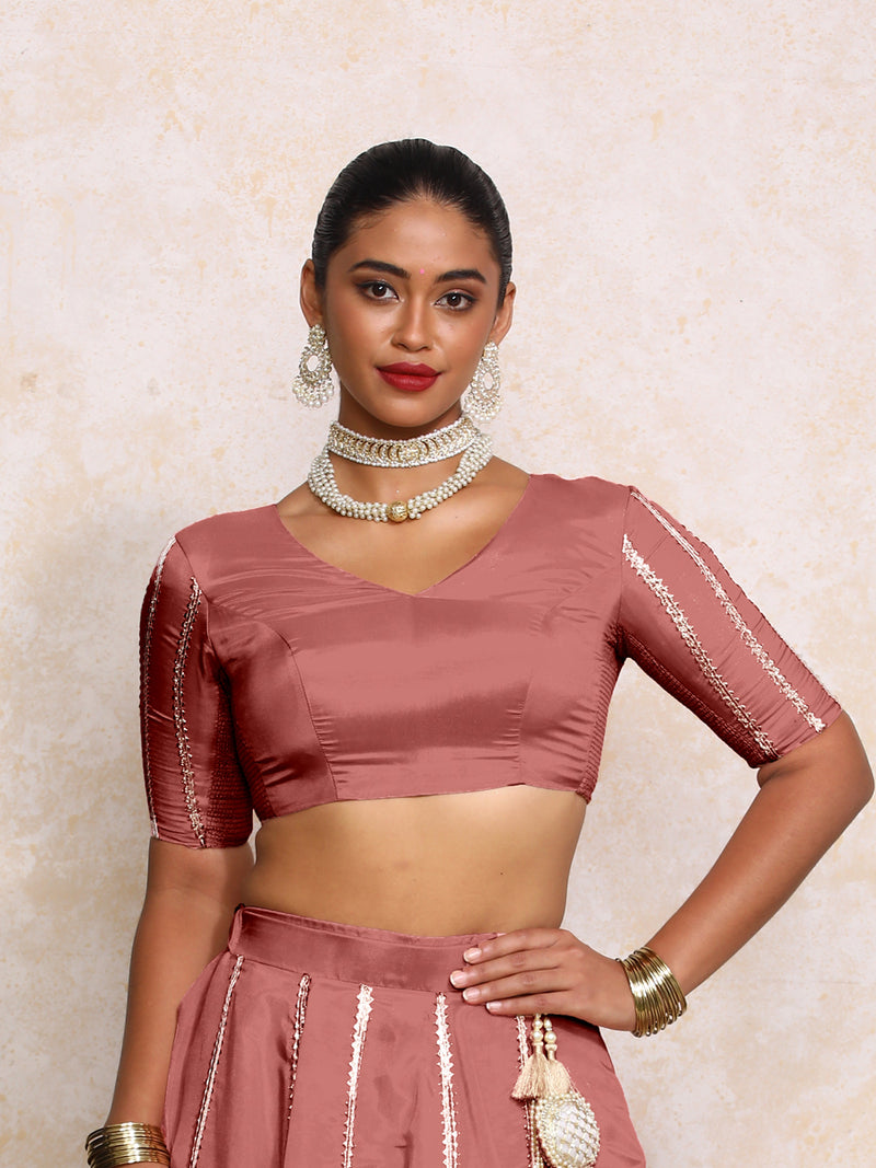 Aashni x Tyohaar | Elbow Sleeves Marsala Gold Tissue Saree Blouse-Binks