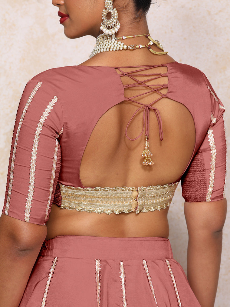 Aashni x Tyohaar Saree Blouse, in Pink Viscose Gold Tissue, featuring elbow sleeves and v-neckline, made for party & festive.