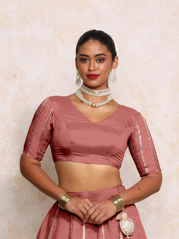 Aashni x Tyohaar Saree Blouse, in Pink Viscose Gold Tissue, featuring elbow sleeves and v-neckline, made for party & festive.