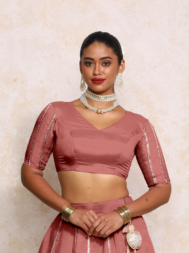 Aashni x Tyohaar | Elbow Sleeves Marsala Gold Tissue Saree Blouse-Binks