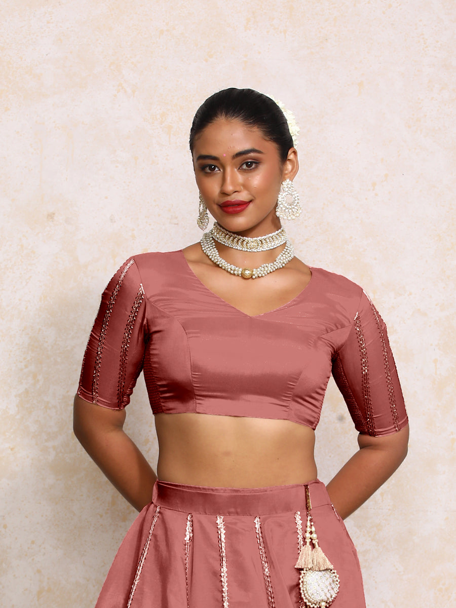 Aashni x Tyohaar Saree Blouse, in Pink Viscose Gold Tissue, featuring elbow sleeves and v-neckline, made for party & festive.