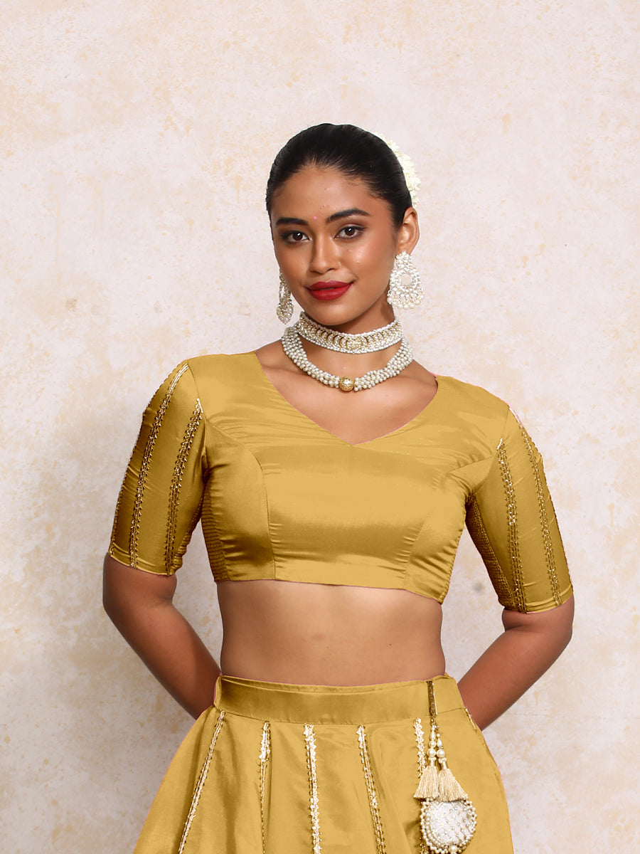 Aashni x Tyohaar Saree Blouse, in Yellow Viscose Gold Tissue, featuring elbow sleeves and v-neckline (view 4).
