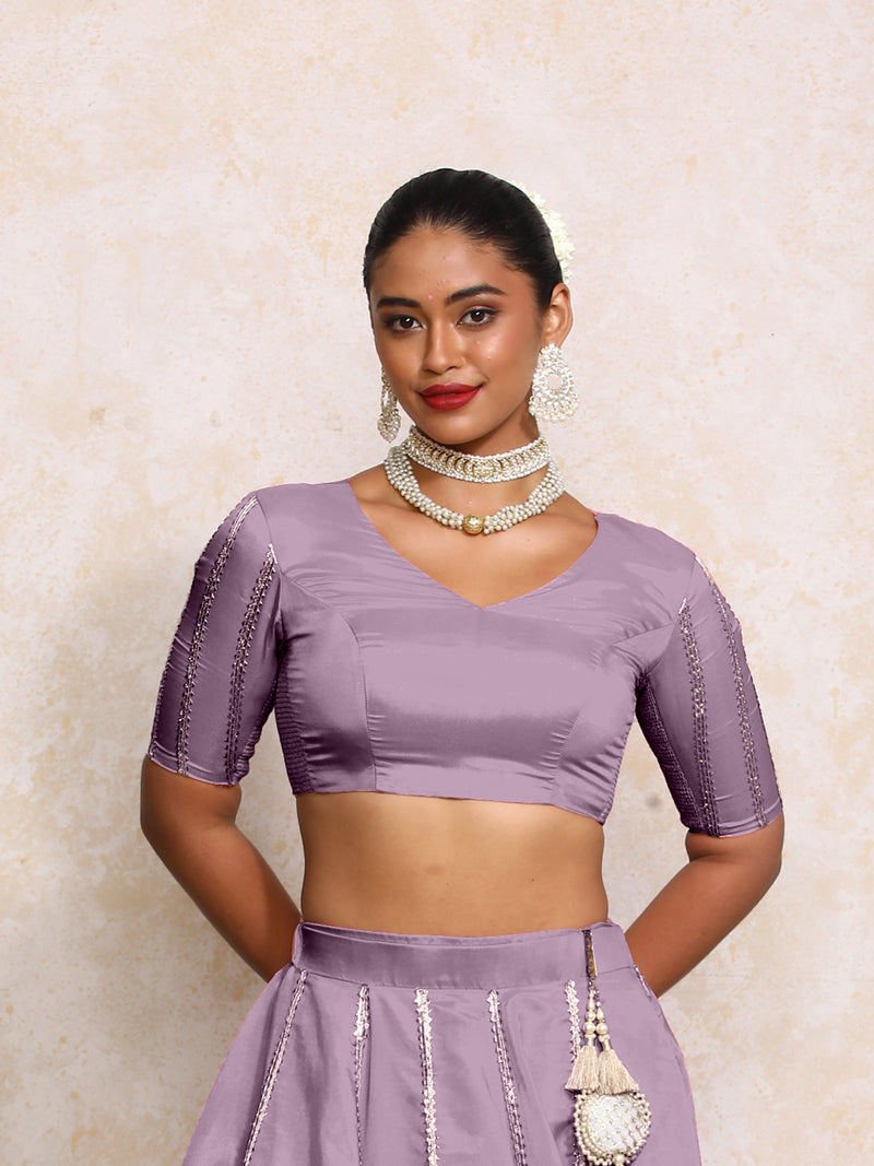Aashni x Tyohaar | Elbow Sleeves Purple Gold Tissue Saree Blouse-Binks