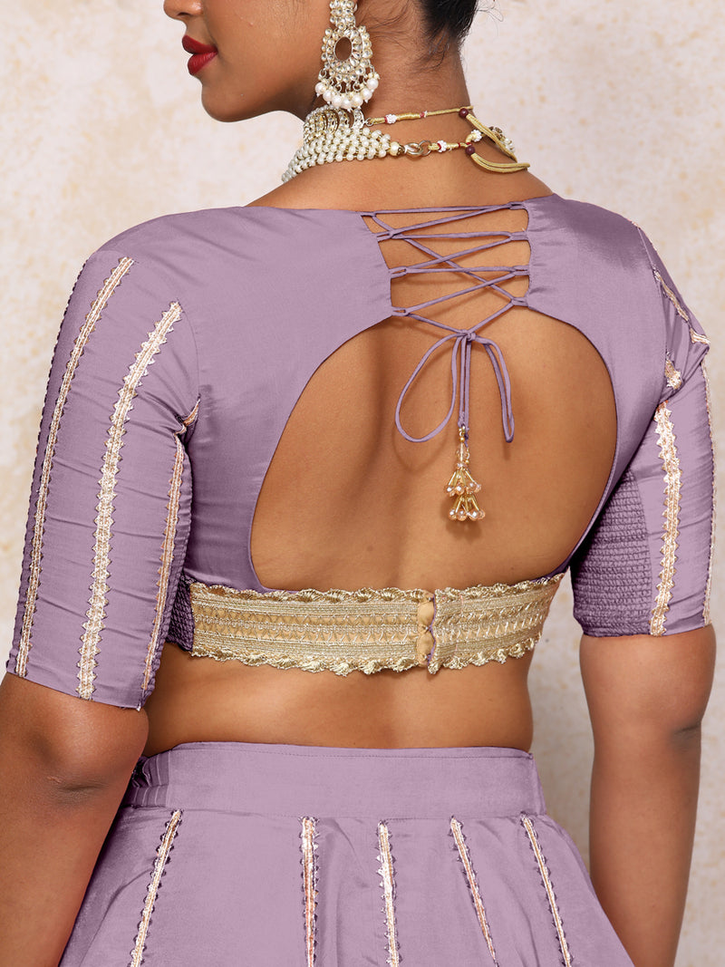 Aashni x Tyohaar | Elbow Sleeves Purple Gold Tissue Saree Blouse-Binks