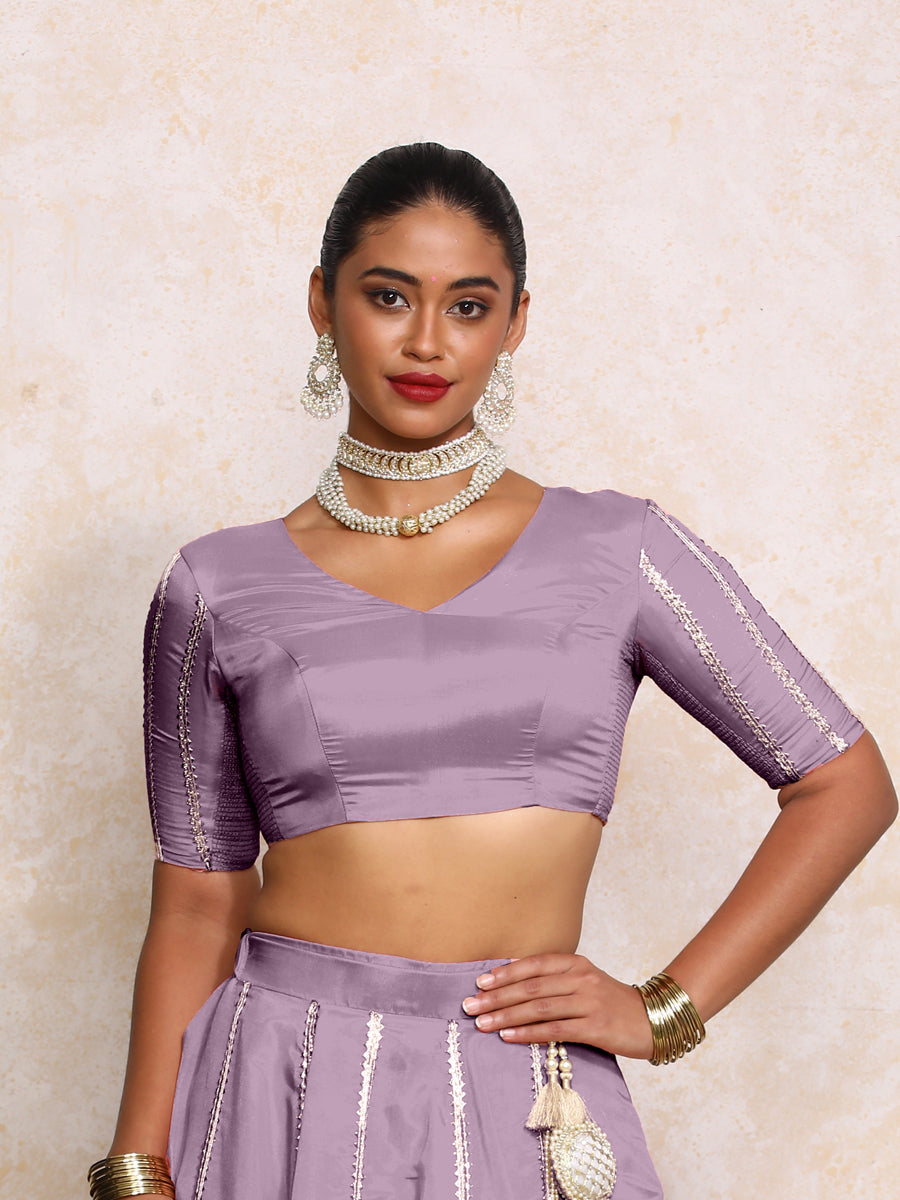 Aashni x Tyohaar Saree Blouse, in Purple Viscose Gold Tissue, featuring elbow sleeves and v-neckline (view 3).