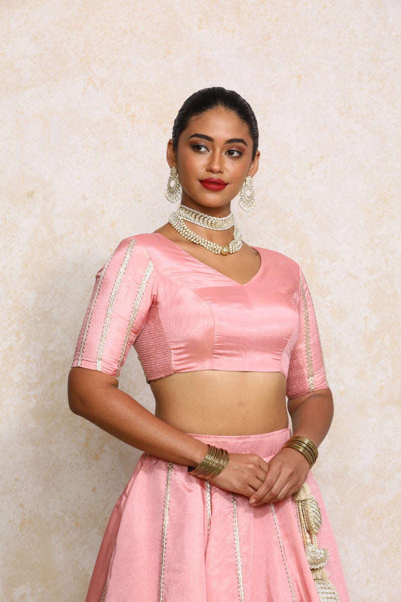 Aashni x Tyohaar | Elbow Sleeves Soft Pink Gold Tissue Saree Blouse-Binks