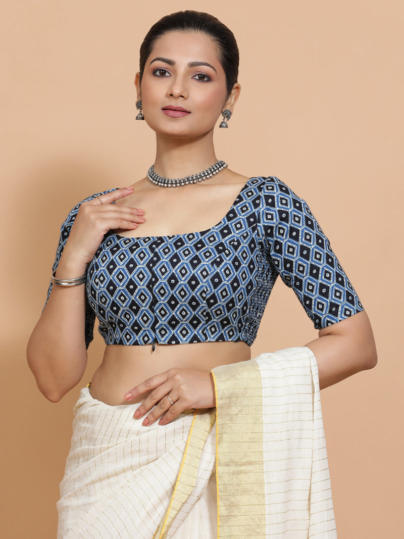 Aditi x Rozaana | Elbow Sleeves Cotton Saree Blouse in Indigo Blue Geometric Block Print Fabric-Binks