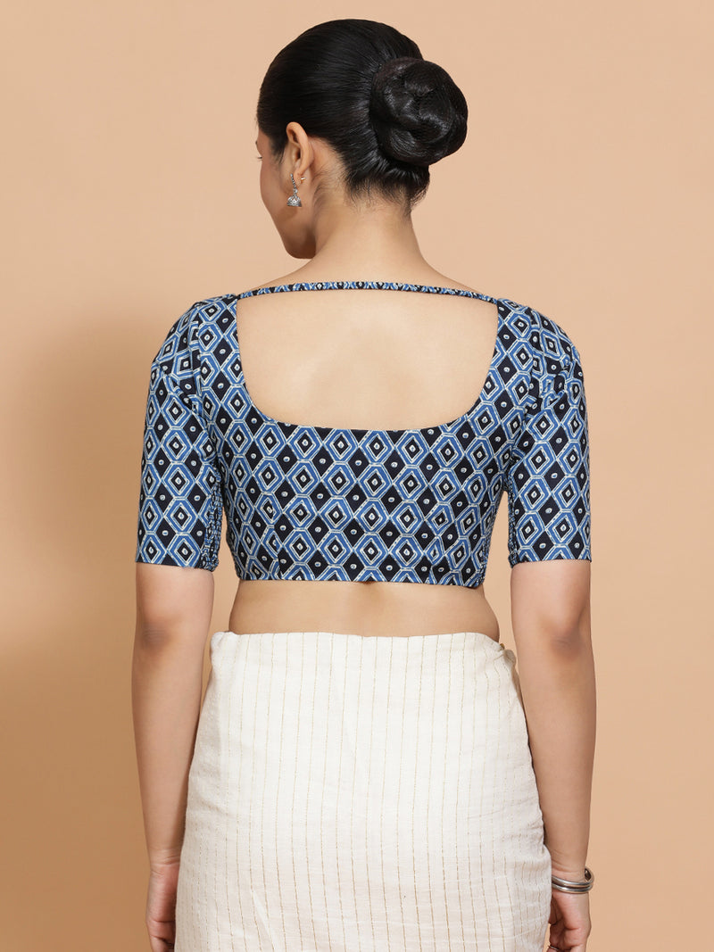Aditi x Rozaana | Elbow Sleeves Cotton Saree Blouse in Indigo Blue Geometric Block Print Fabric-Binks