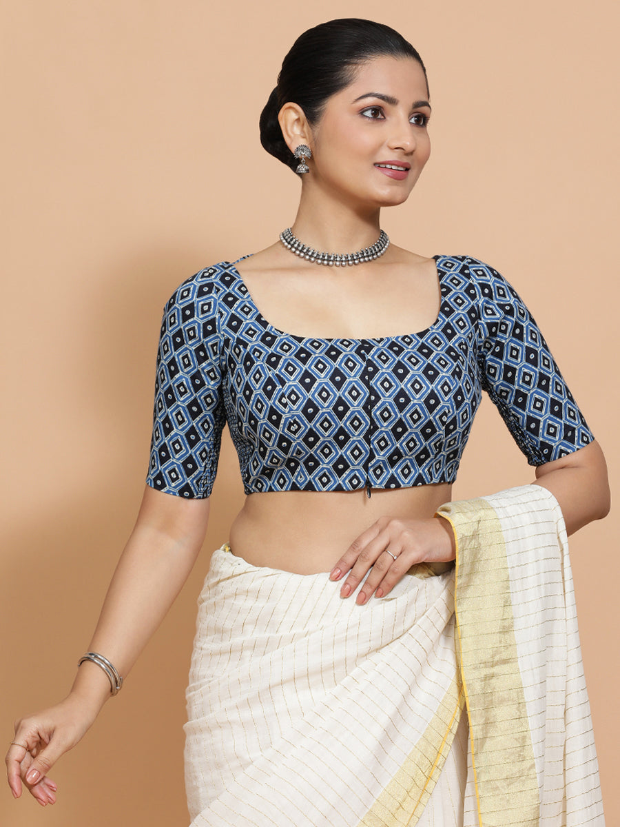 Aditi x Rozaana Saree Blouse, in Blue Cotton, featuring elbow sleeves and scoop neckline, made for daily & work (view 8).