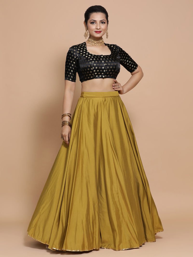 Afreen x Tyohaar | Elbow Sleeves Satin Viscose Saree Blouse in Black Butta Fabric-Binks