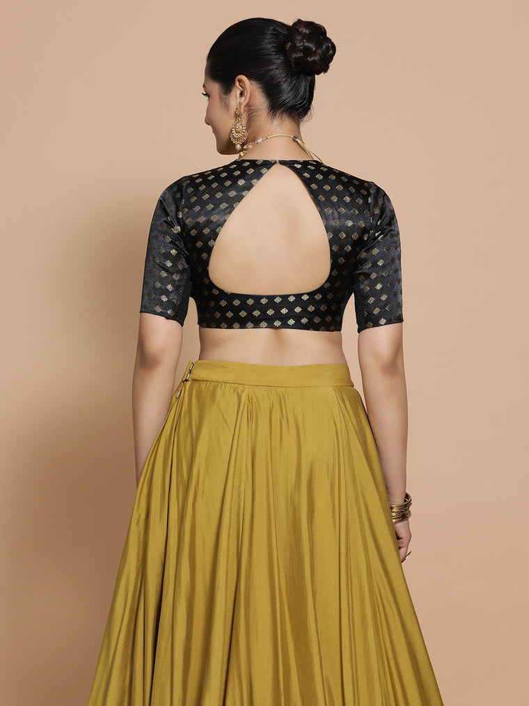 Afreen x Tyohaar Saree Blouse, in Black Embroidery & Brocade, featuring elbow sleeves and pot neckline (view 2).