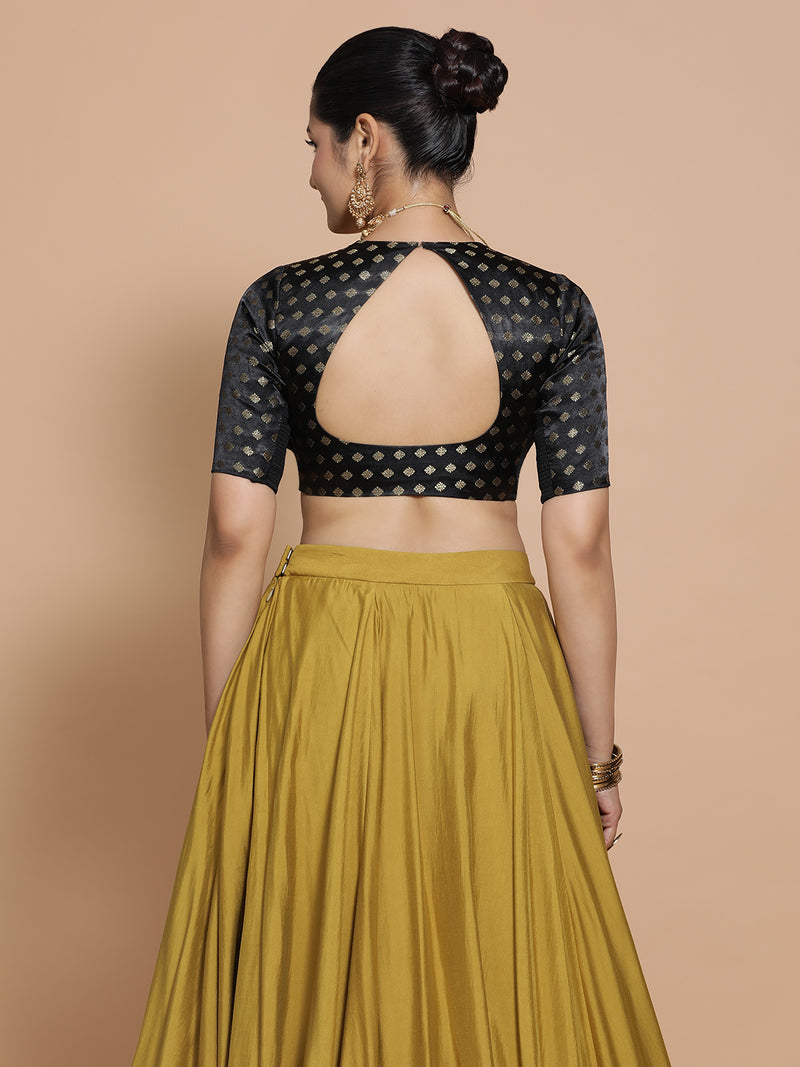 Afreen x Tyohaar | Elbow Sleeves Satin Viscose Saree Blouse in Black Butta Fabric-Binks