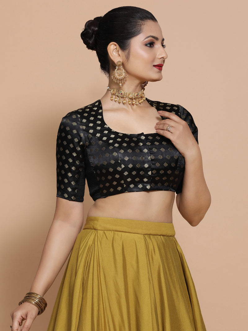 Afreen x Tyohaar | Elbow Sleeves Satin Viscose Saree Blouse in Black Butta Fabric-Binks