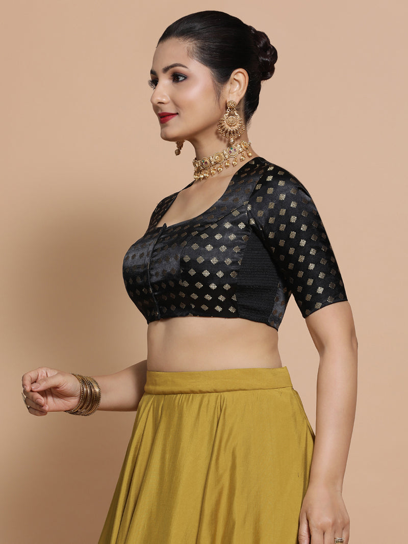 Afreen x Tyohaar | Elbow Sleeves Satin Viscose Saree Blouse in Black Butta Fabric-Binks