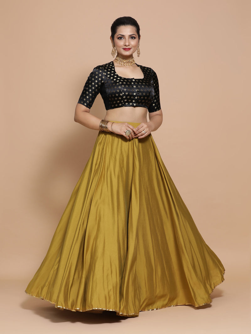 Afreen x Tyohaar | Elbow Sleeves Satin Viscose Saree Blouse in Black Butta Fabric-Binks