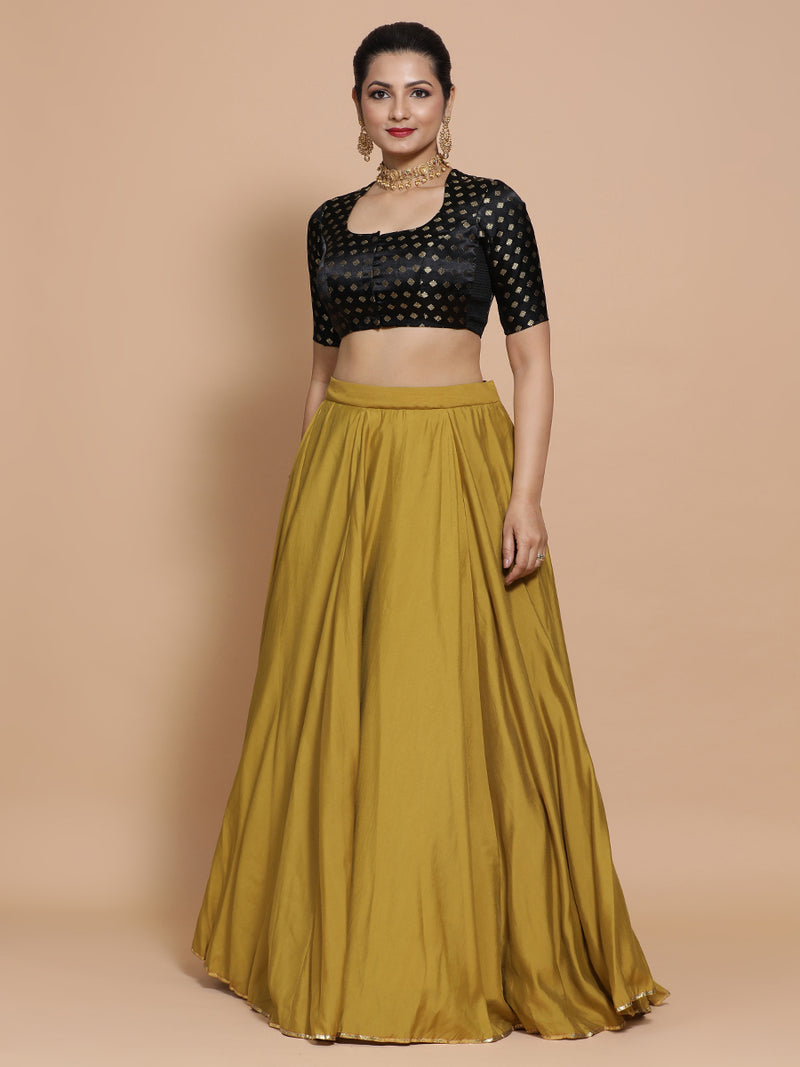 Afreen x Tyohaar | Elbow Sleeves Satin Viscose Saree Blouse in Black Butta Fabric-Binks