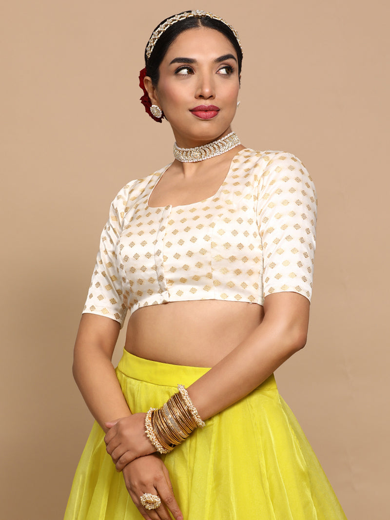 Afreen x Tyohaar | Elbow Sleeves Satin Viscose Saree Blouse in Cream Butta Fabric-Binks