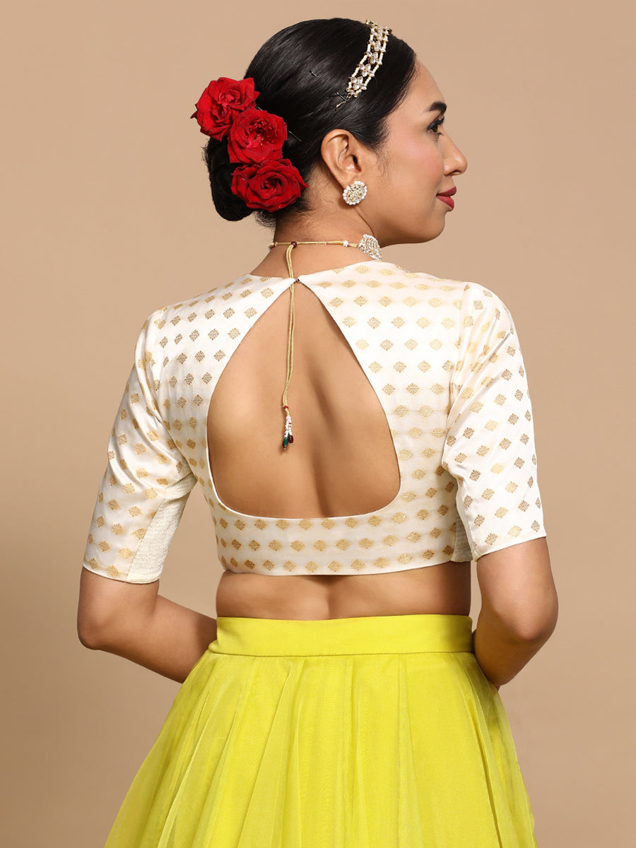 Afreen x Tyohaar Saree Blouse, in Cream Embroidery & Brocade, featuring elbow sleeves and pot neckline (view 2).