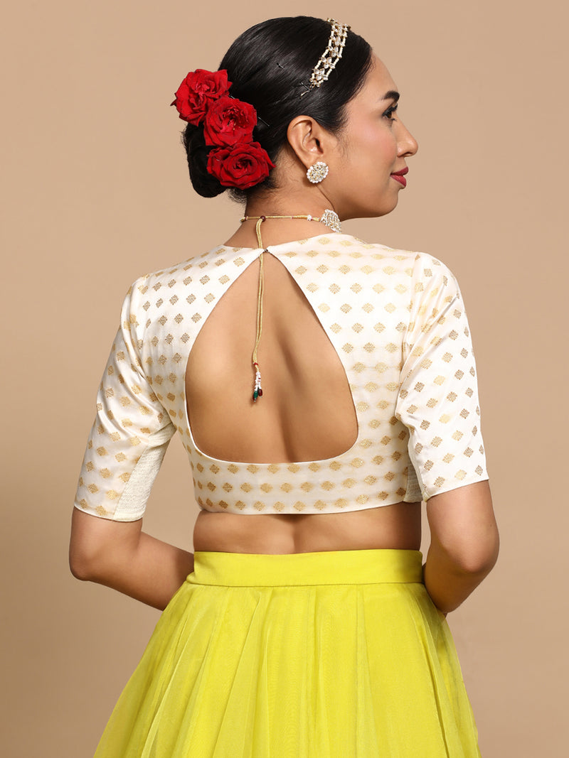 Afreen x Tyohaar | Elbow Sleeves Satin Viscose Saree Blouse in Cream Butta Fabric-Binks