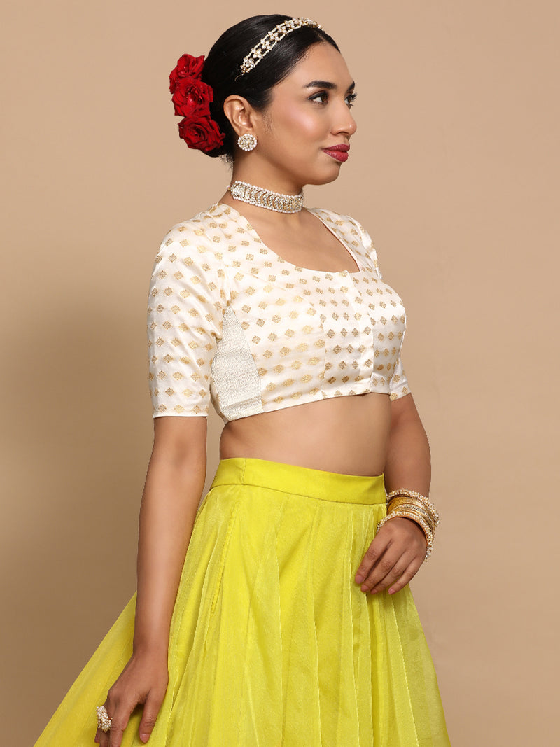 Afreen x Tyohaar | Elbow Sleeves Satin Viscose Saree Blouse in Cream Butta Fabric-Binks