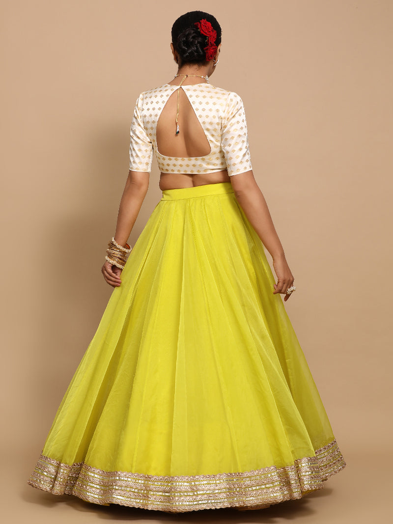 Afreen x Tyohaar | Elbow Sleeves Satin Viscose Saree Blouse in Cream Butta Fabric-Binks