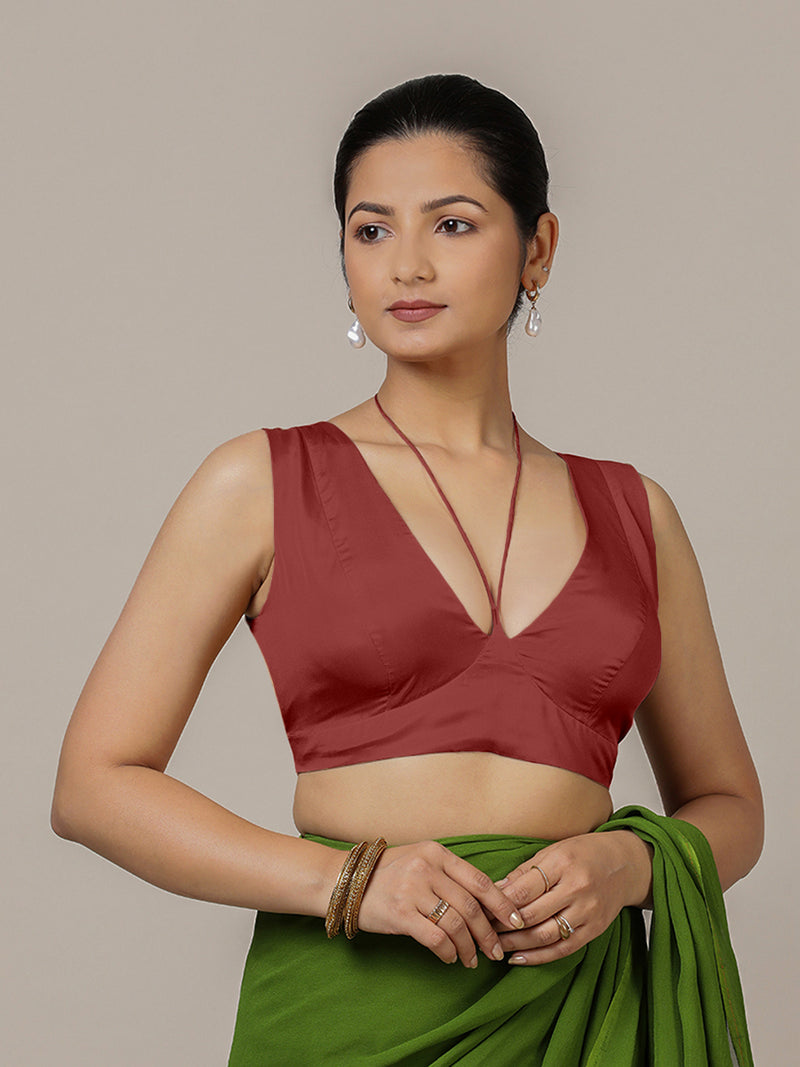 Ahana x Rozaana | Auburn Red Sleeveless FlexiFit™ Saree Blouse with Plunging Neckline and Back Cut Out with Tie-up-Binks