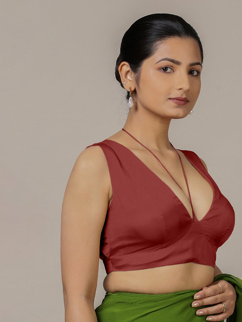 Ahana x Rozaana | Auburn Red Sleeveless FlexiFit™ Saree Blouse with Plunging Neckline and Back Cut Out with Tie-up-Binks