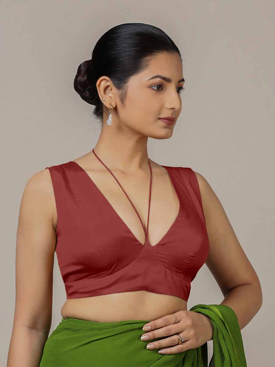 Ahana x Rozaana Saree Blouse, in Red Vegan Silk, featuring sleeveless and tie-up neckline, made for party & festive (view 6).