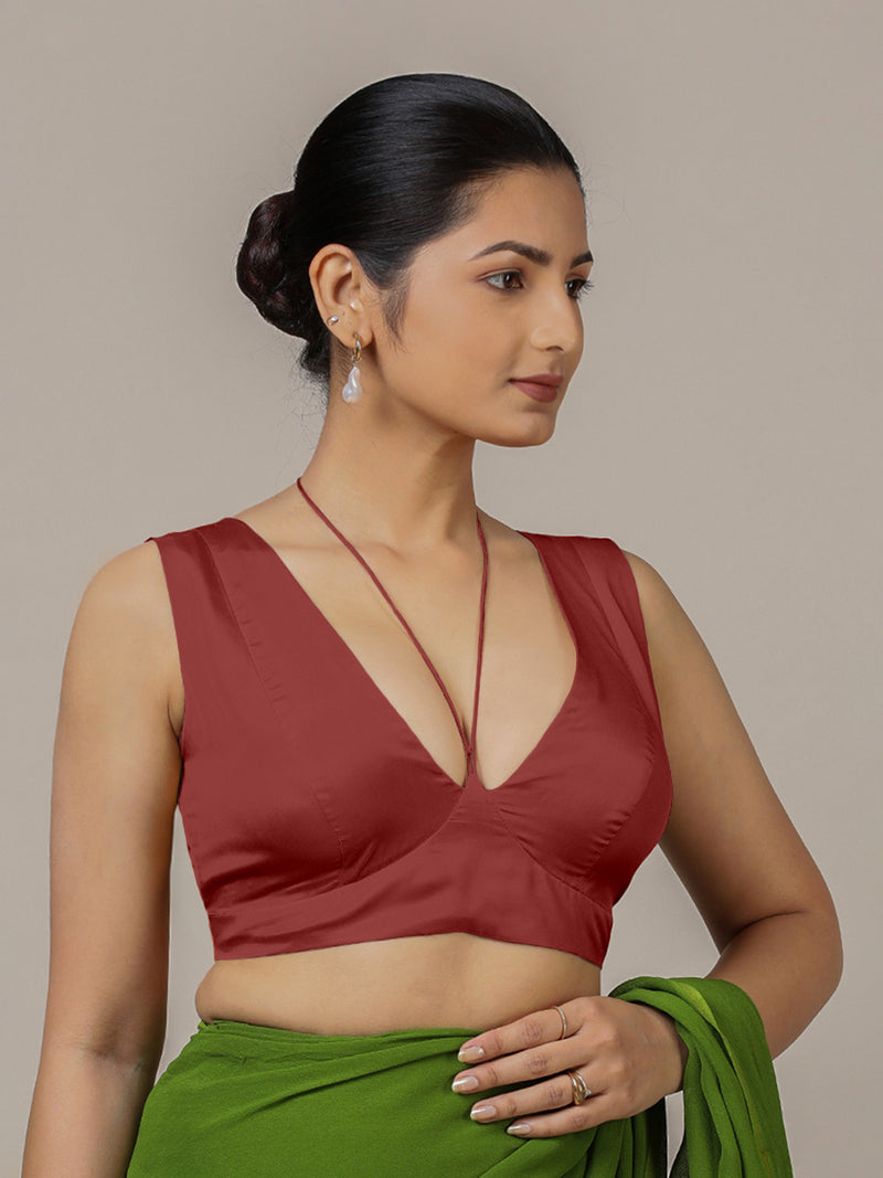 Ahana x Rozaana | Auburn Red Sleeveless FlexiFit™ Saree Blouse with Plunging Neckline and Back Cut Out with Tie-up-Binks
