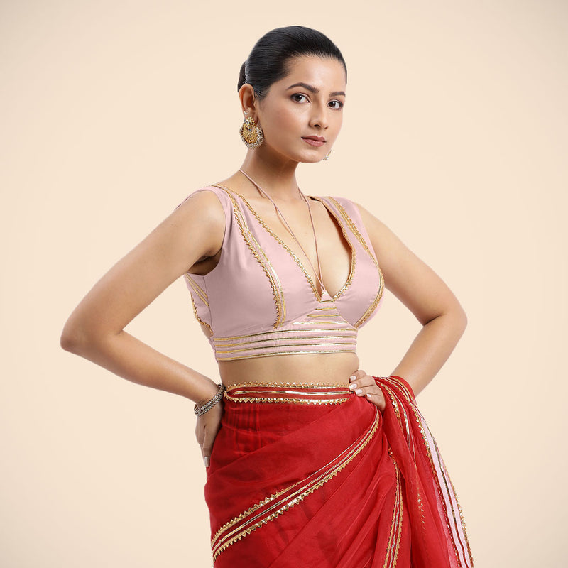 Ahana x Tyohaar | Sleeveless Baby Pink FlexiFit™ Gota Embellished Saree Blouse with Tie-Up Neck-Binks